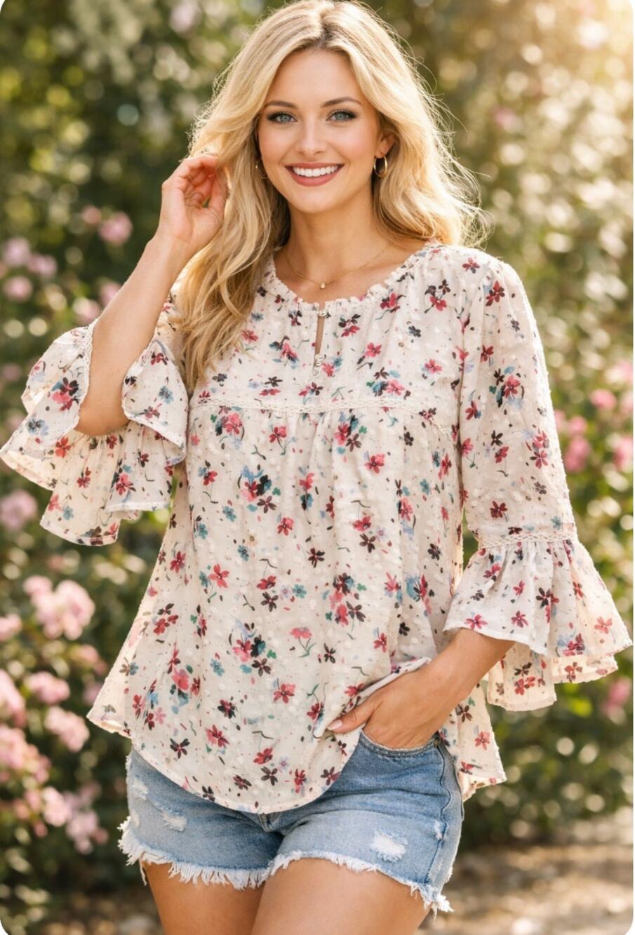 Matilda Jane Ditzy Floral Swiss Dot Peasant Blouse Ruffle Sleeve Lined Medium